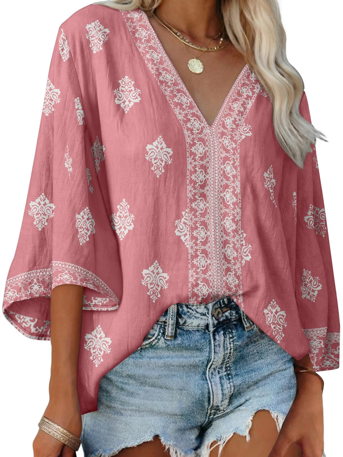 Women's Boho Embroidered V-Neck 3/4 Sleeve Blouse-S.fashion
