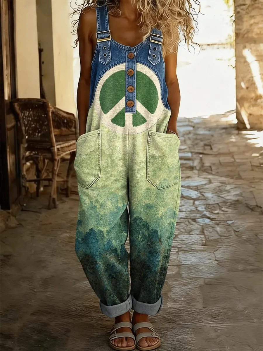 Ethnicity Hippie Gradation Women's Casual Washed Cotton Denim Patchwork Jumpsuit-S.fashion