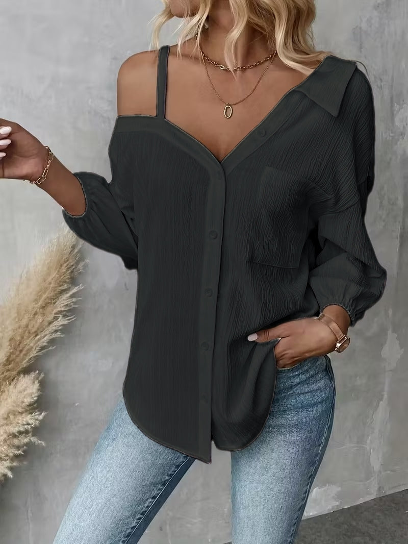 Women's Asymmetric Collar Drop Shoulder Loose Casual Shirt-S.fashion