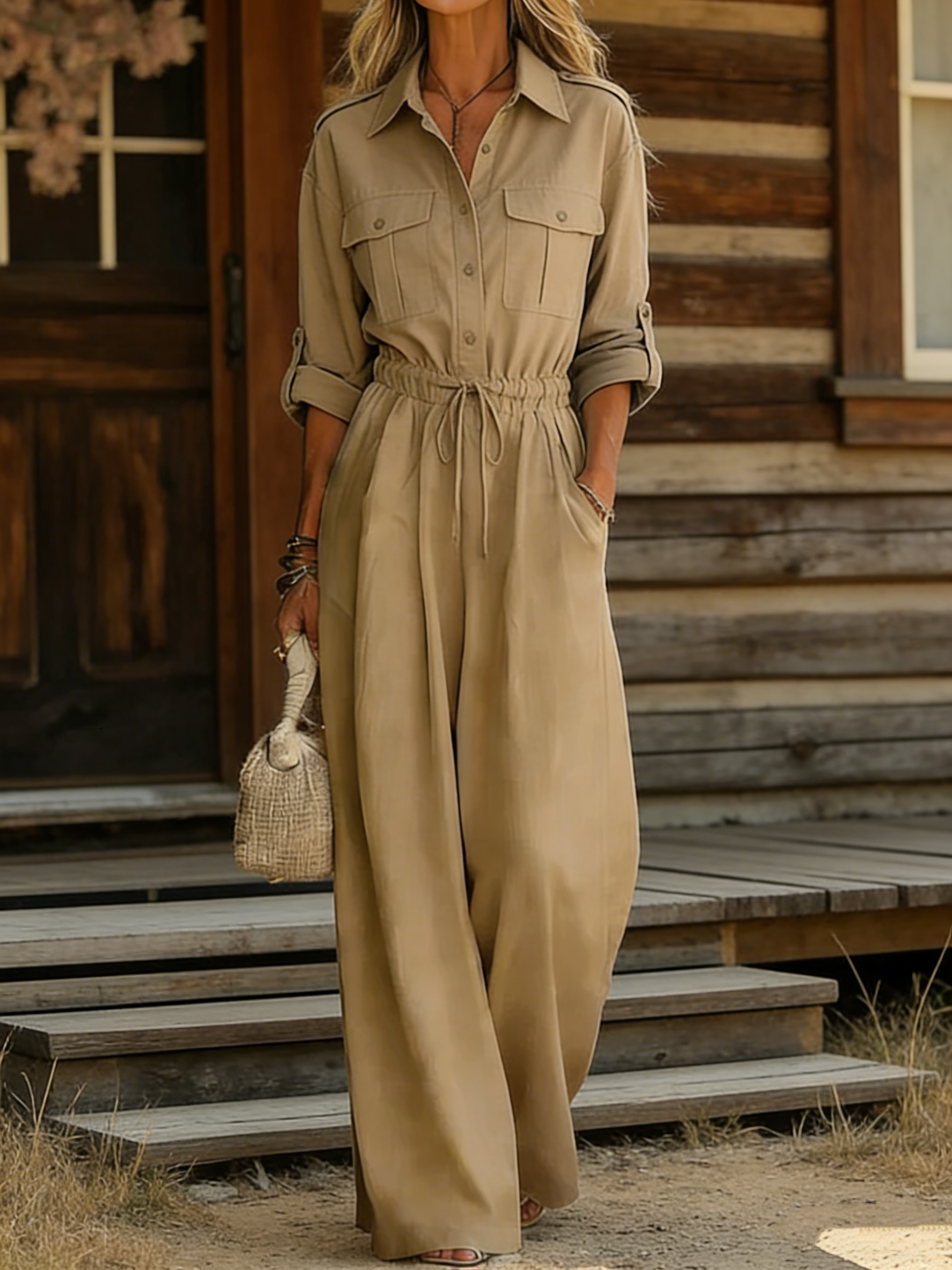 Women's Casual Long-sleeved Pocket Jumpsuit-S.fashion