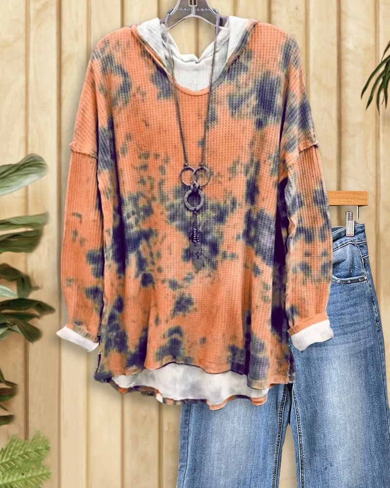 Tie Dye Modern Hooded Waffle Blouse-S.fashion
