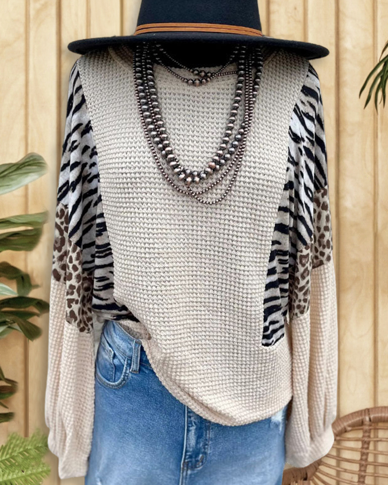 Colorblock Animal Print Waffle Top-S.fashion