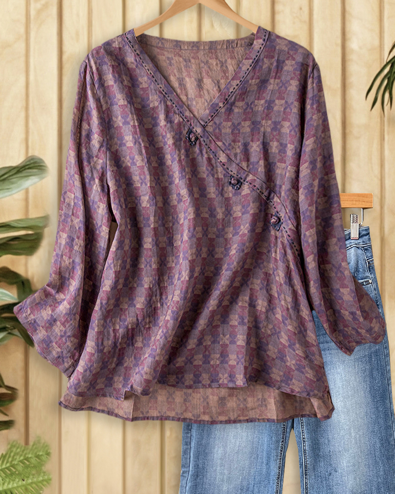 Floral Print Ethnic V Neck Blouse-S.fashion