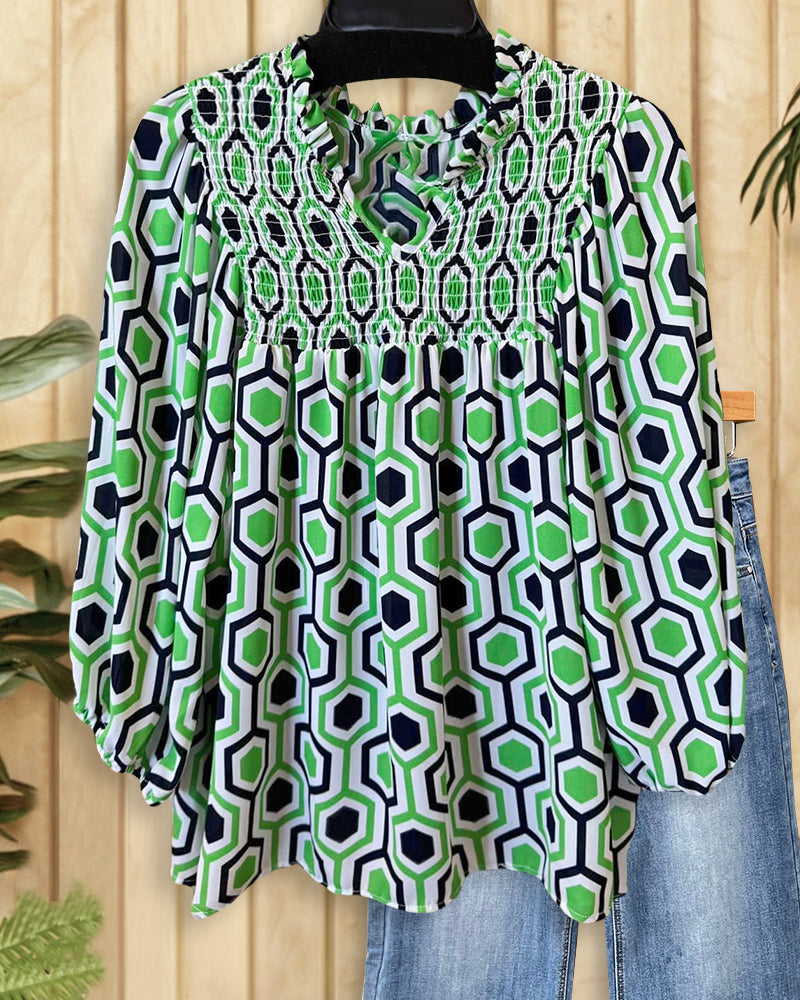 Geometric Print Smocked V Neck Commuting Blouse-S.fashion