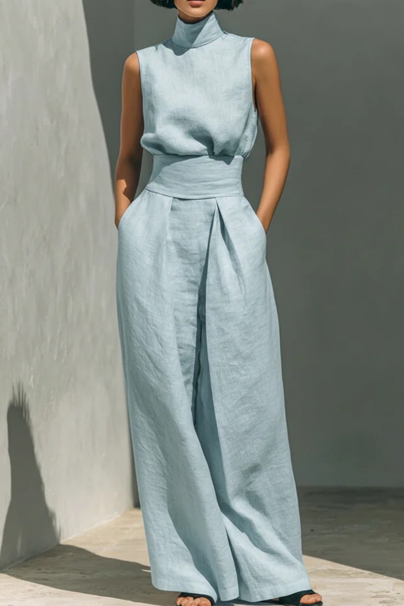 Women's Minimalist Cotton And Linen Blend Sleeveless Blouse And Wide-leg Pants Set