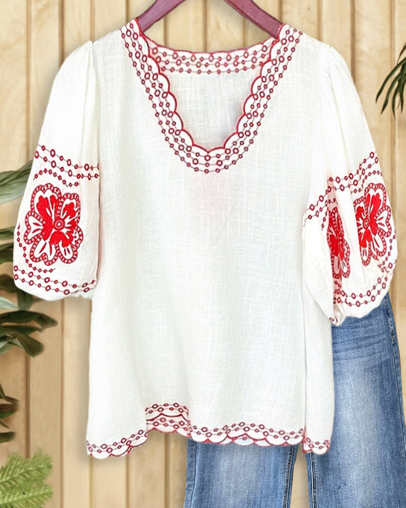 Floral Embroidery Ethnic Puff Sleeve Scalloped V Neck Blouse-S.fashion