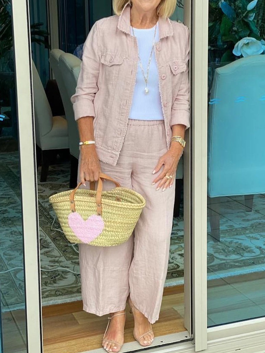 Casual Button Down Lapel Jacket And Pants Set-S.fashion