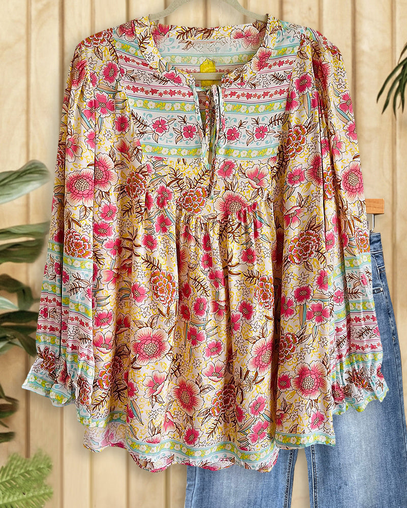 Mixed Floral Print Boho Tie Neck Blouse-S.fashion
