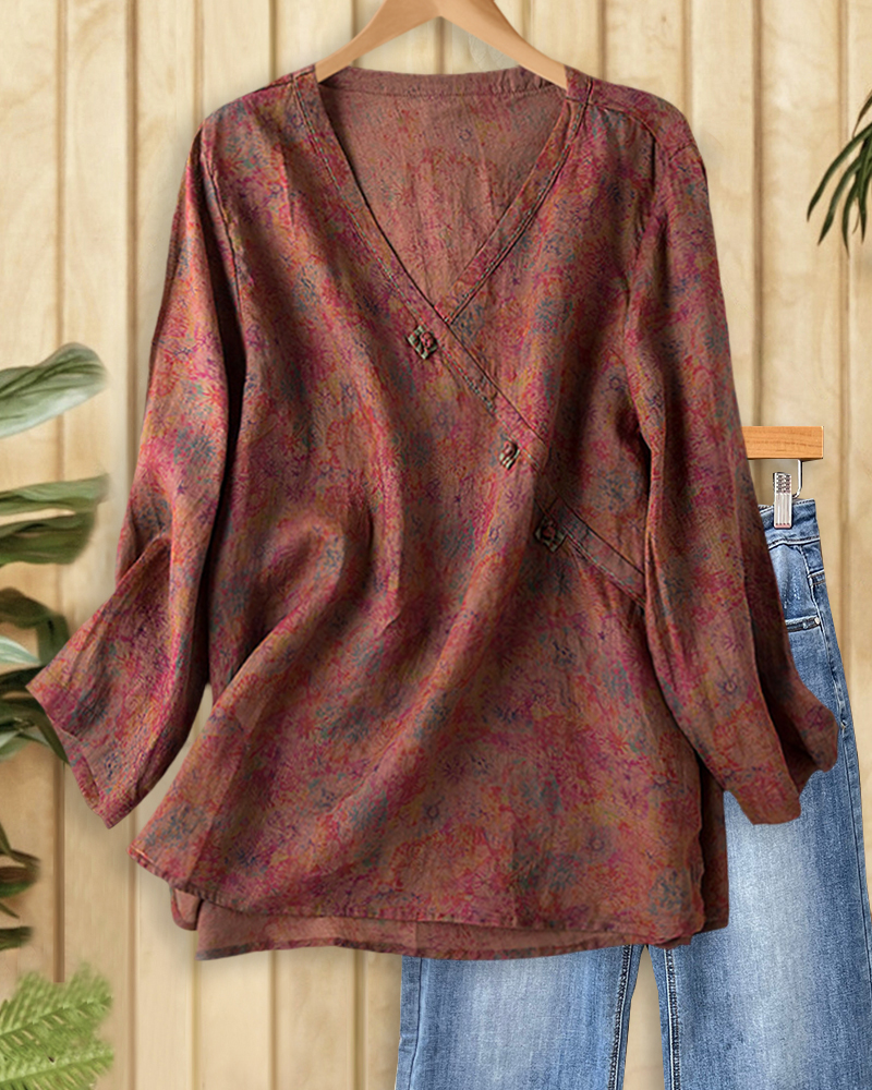 Floral Print Ethnic V Neck Blouse-S.fashion