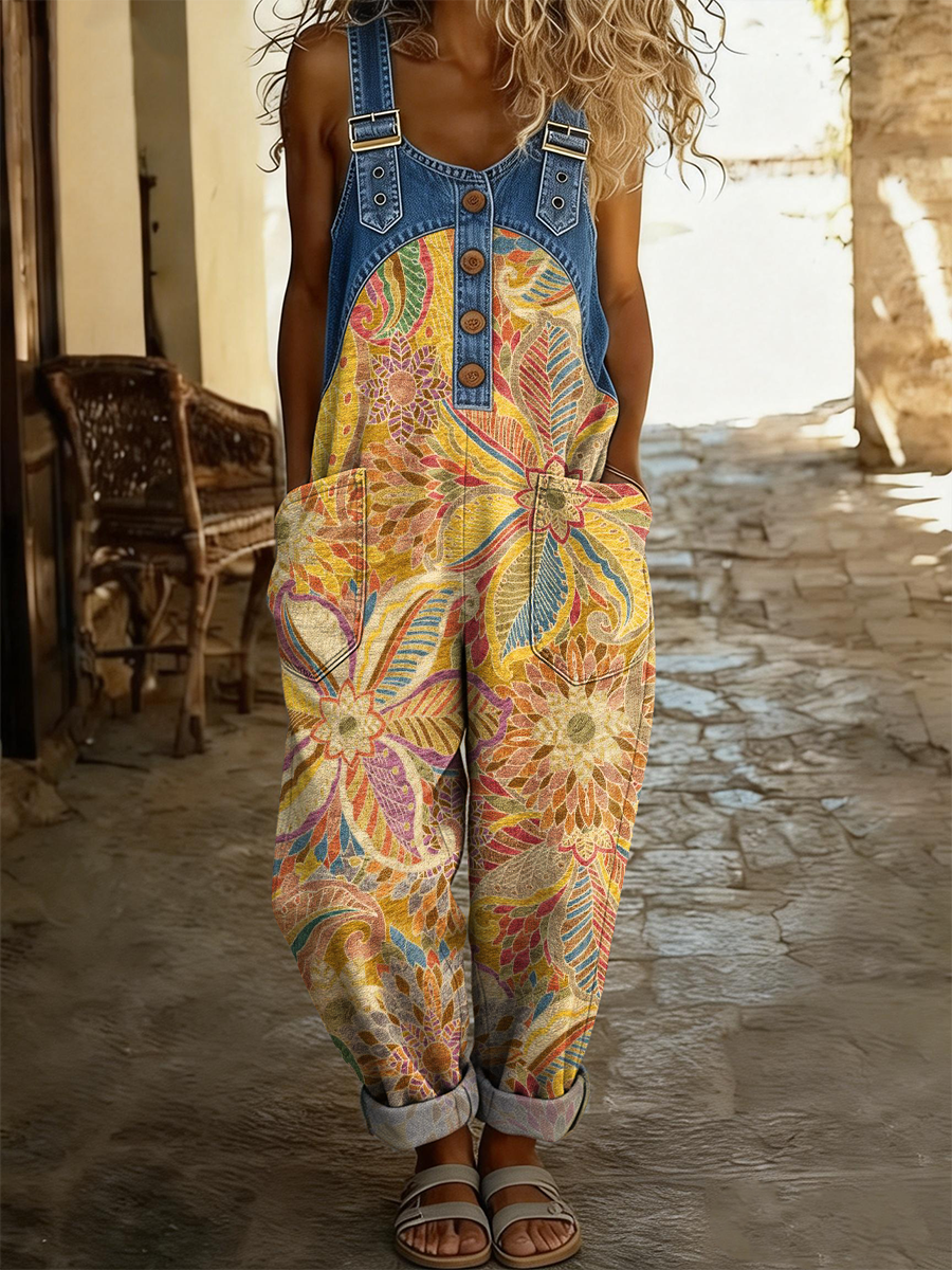 Women's Retro Ethnic Floral Art Print Casual Strappy Denim Jumpsuit-S.fashion