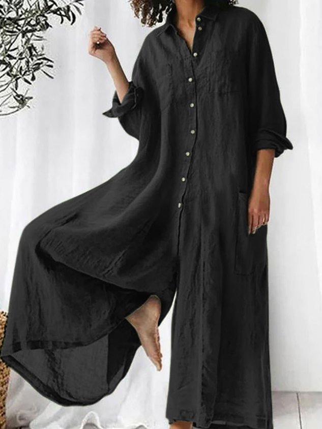 Women Plain Shawl Collar Long Sleeve Casual Spring/Fall Cotton-Blend Jumpsuit-S.fashion