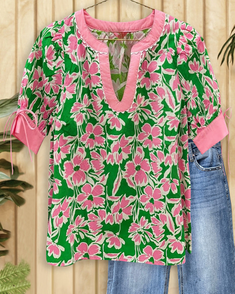 Floral Print V Neck Elegant Lace-Up T-Shirt-S.fashion