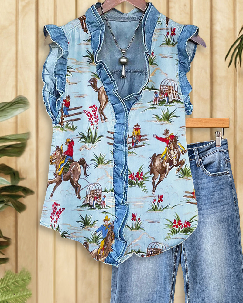 West Cowboy Print Ruffles Patchwork Urban T-Shirt-S.fashion