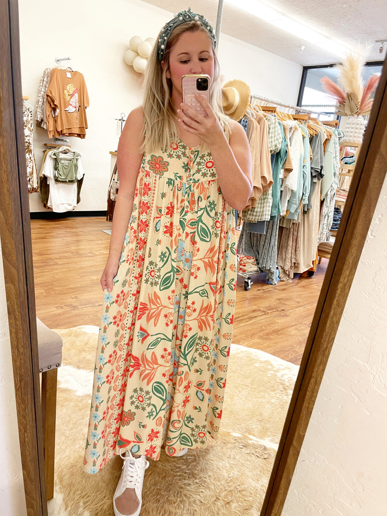 Vintage floral print loose sleeveless jumpsuit-S.fashion