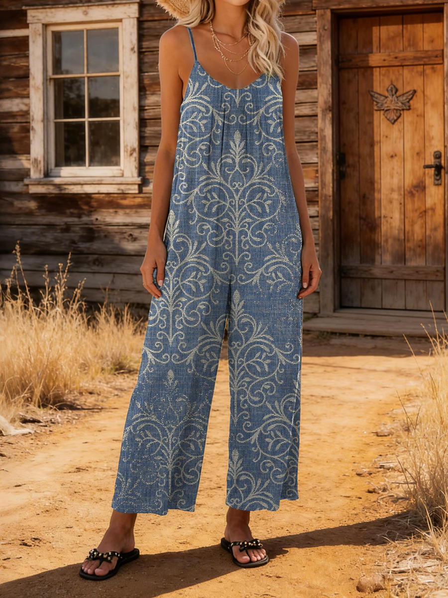 Women's Retro Bohemian Art Print Casual Camisole Jumpsuit-S.fashion