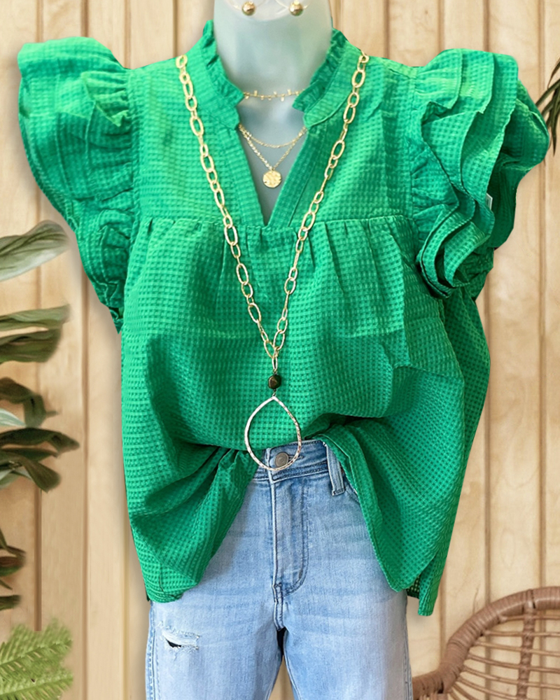 Solid Color Ruffle Sleeve Pretty Waffle T-Shirt-S.fashion