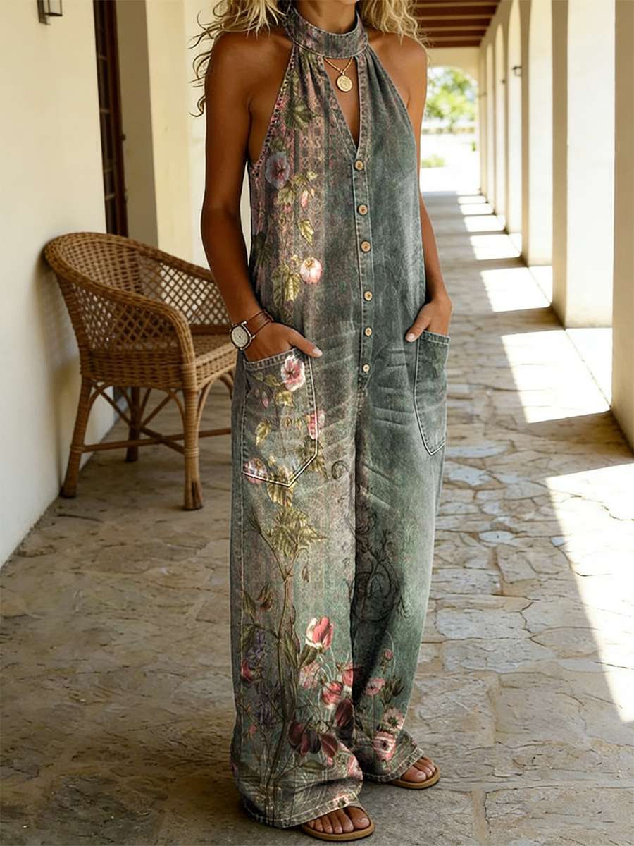 Women's Retro Bohemian Floral Art Print Casual Sleeveless Pocket Jumpsuit-S.fashion