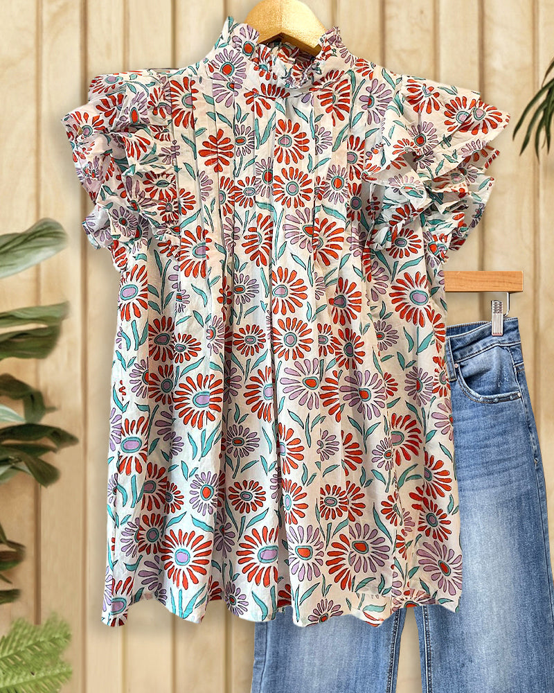 Floral Print Rocking Pleated Ruffled Blouse-S.fashion