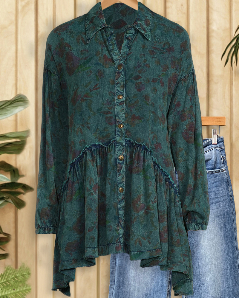 Floral Print On-trend Button Peplum Blouse-S.fashion