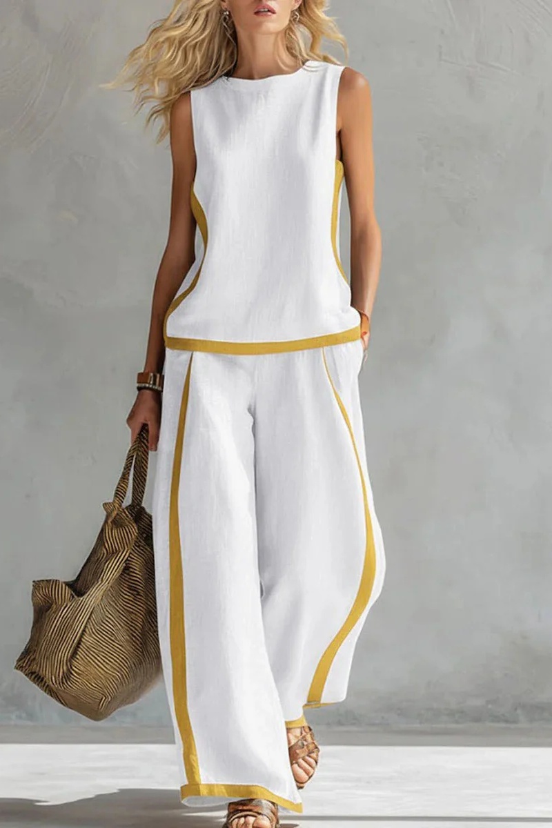 Women's Two Tone Trim Vest & Wide Leg Pants 2Pcs Set