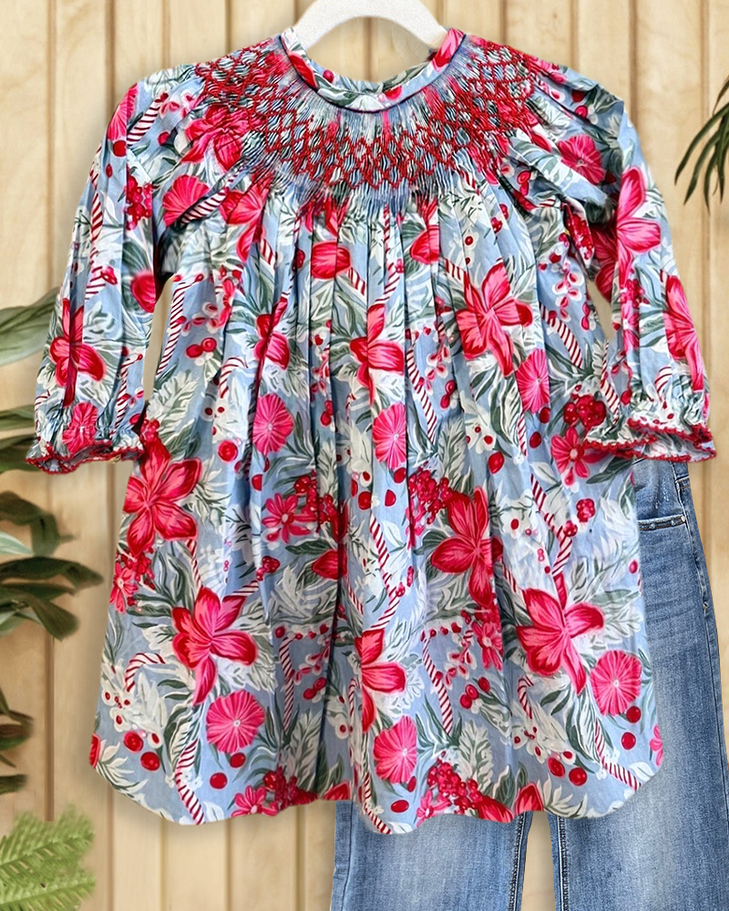 Floral Print Round Neck Rocking Smocked T-Shirt-S.fashion