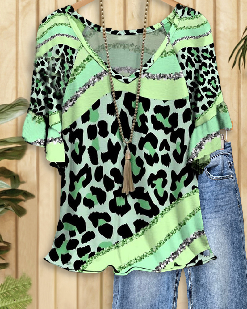 Watercolor Print Patchwork Stylish Raglan Sleeve T-Shirt-S.fashion