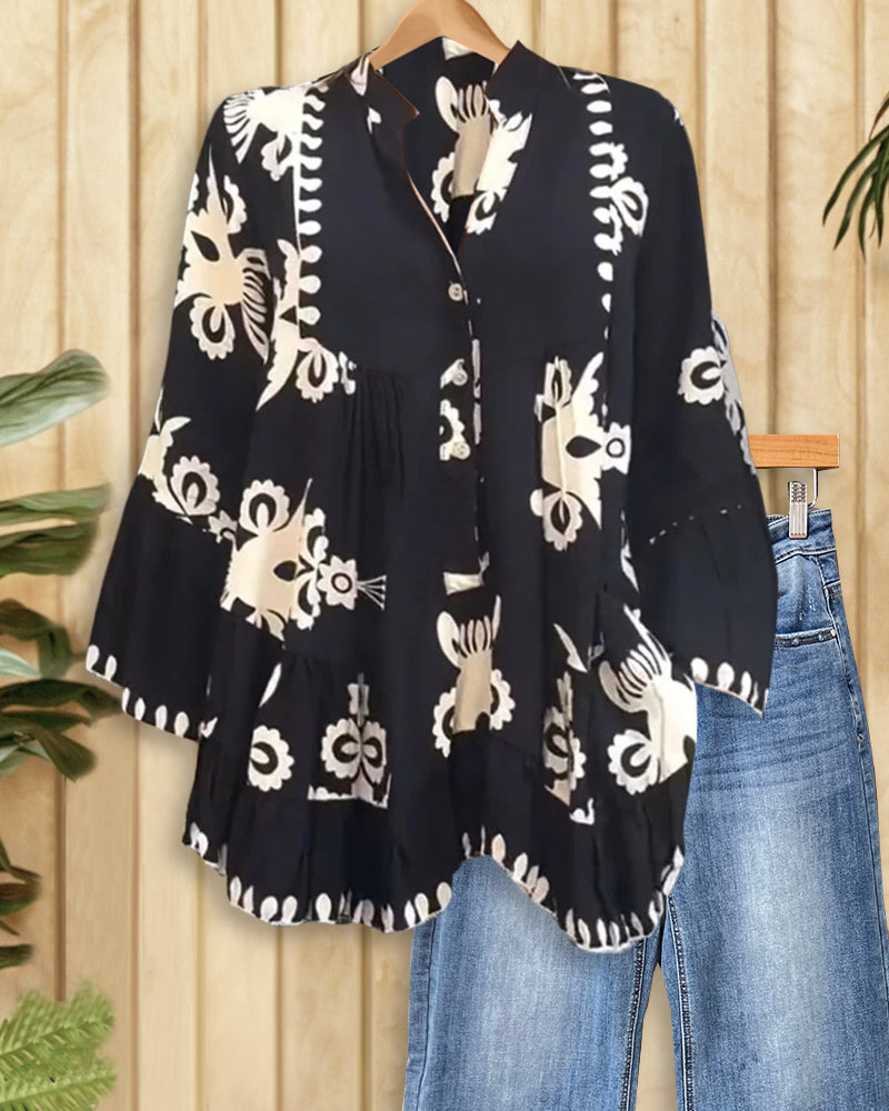 Contrasting Tribal Print Classic Tiered Blouse-S.fashion