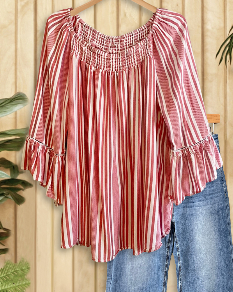 Vertical Striped Strap Shirred Detail Laid Back Blouse-S.fashion
