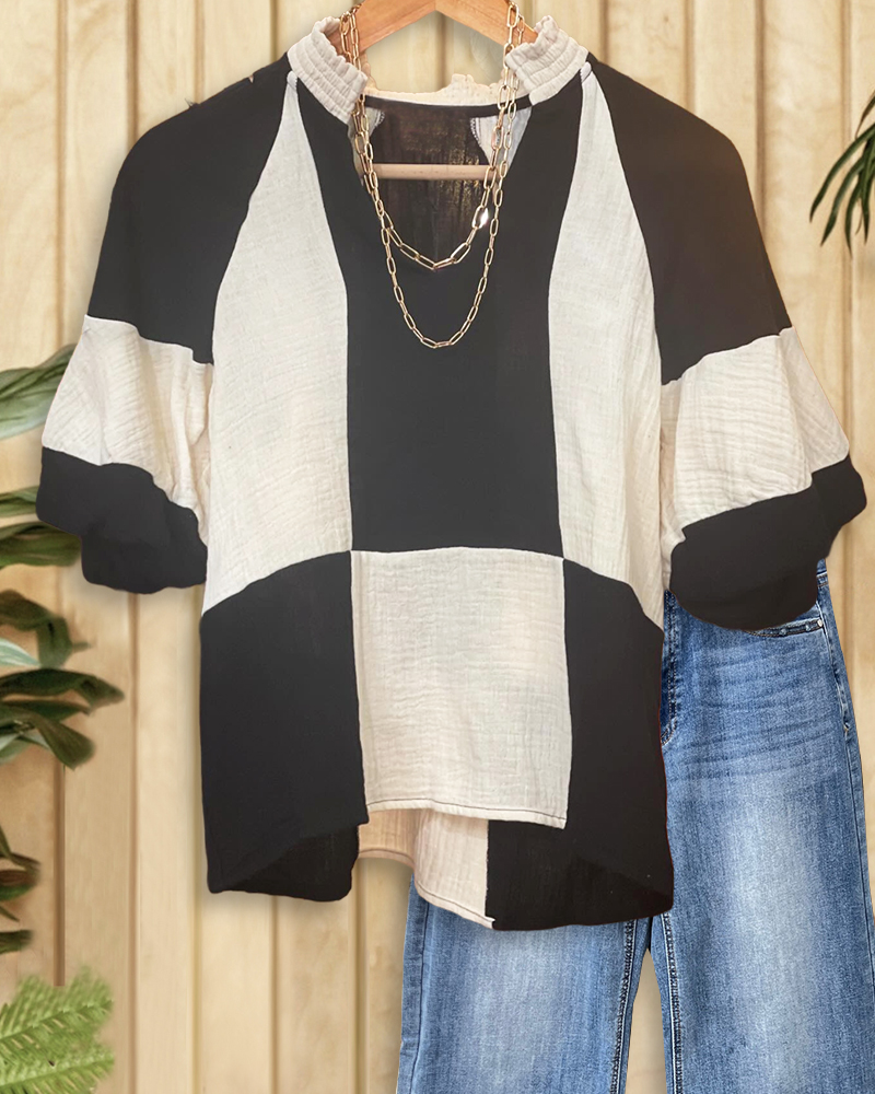 Color Block Patchwork Classic V Neck T-Shirt-S.fashion
