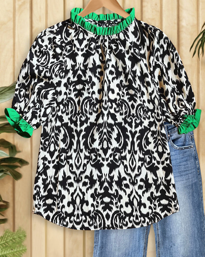 Patchwork Tribal Print Retro Puff Sleeve T-Shirt-S.fashion