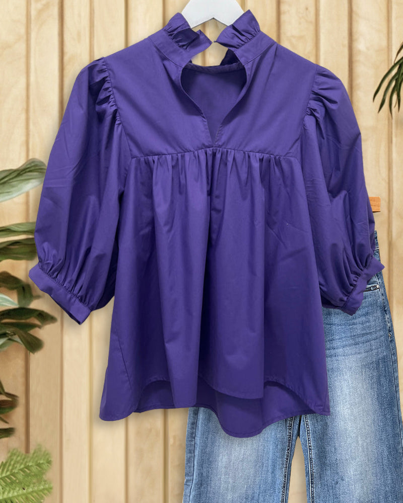 Solid Color Puff Sleeve Simple V Neck T-Shirt-S.fashion