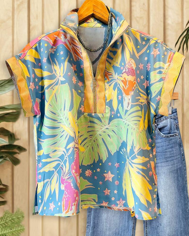Patchwork Natural Print Stylish Side Slit Blouse-S.fashion