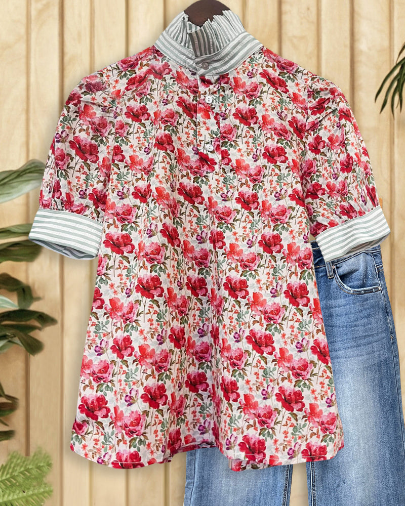 Striped Patchwork Ruffled Collar Chic Floral Print T-Shirt-S.fashion