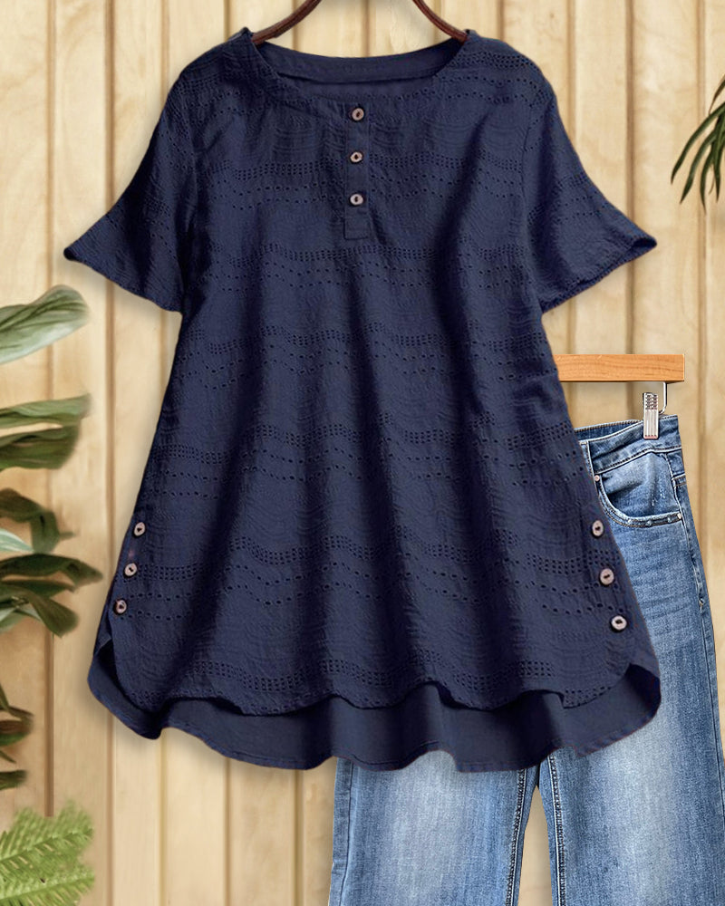 Solid Color Eyelets Classic Round Neck Button Blouse-S.fashion