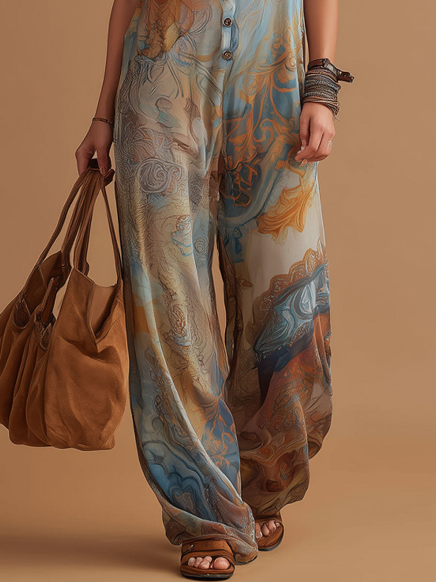 Vacation Retro Bohemian Print Chiffon Sleeveless Wide-Leg Jumpsuit-S.fashion