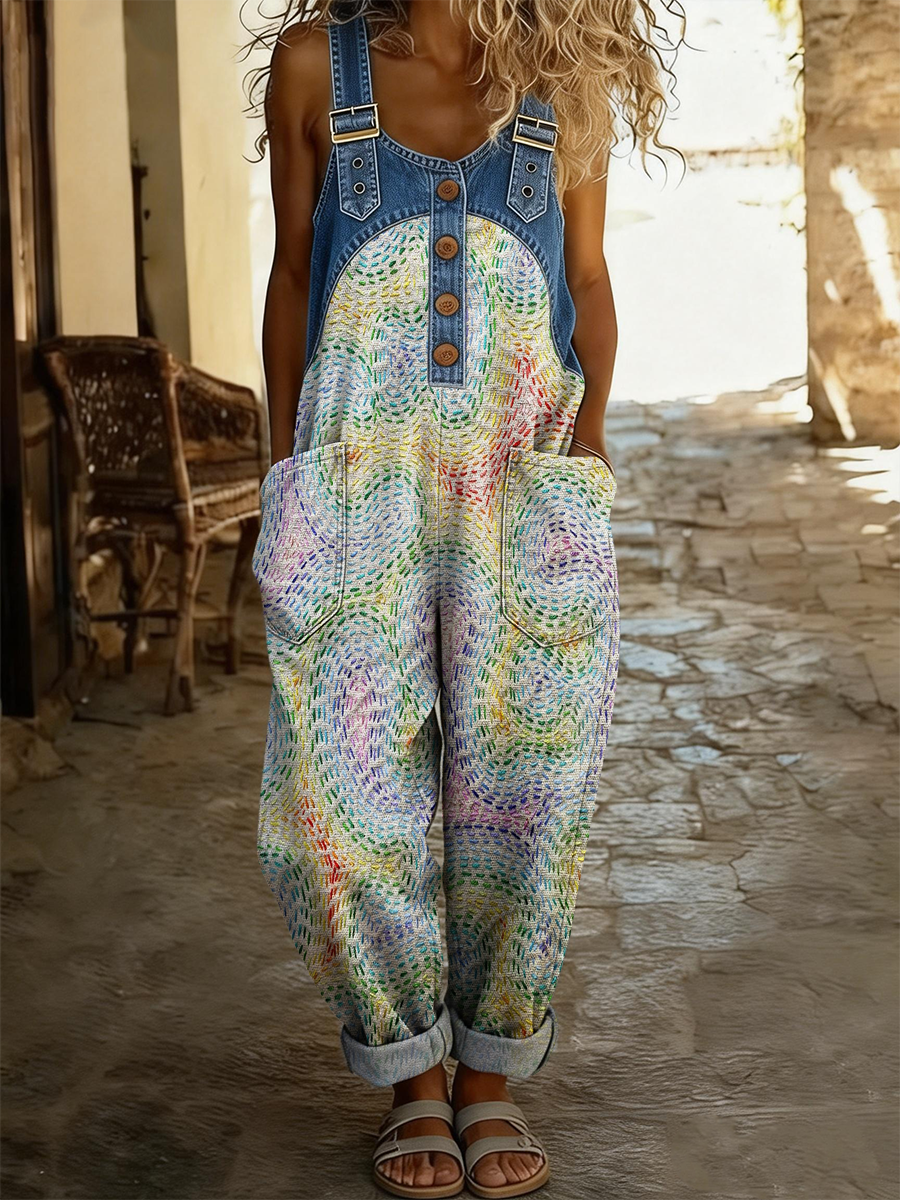 Women's Retro Art Print Casual Strappy Denim Jumpsuit-S.fashion