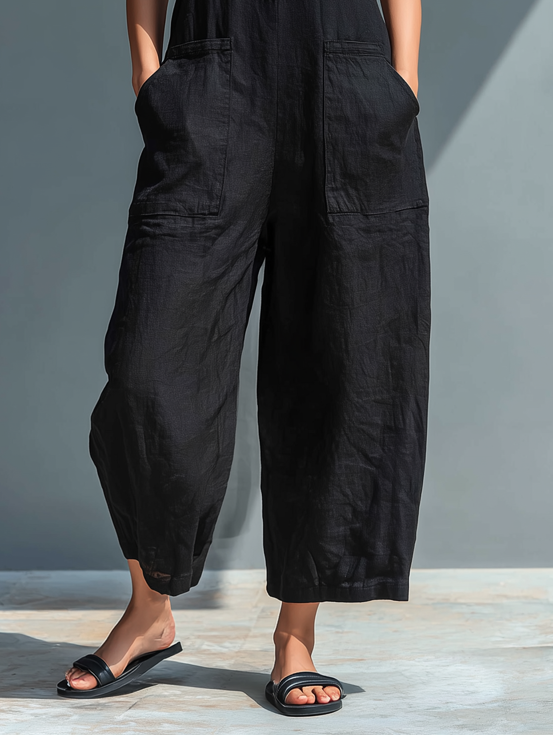 Women's Minimalist Linen Blend Button-up Stand-collar Sleeveless Loose Jumpsuit MDZ2725A5Y-S.fashion