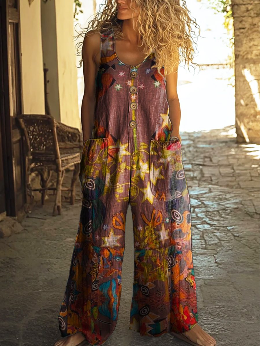 Women's Retro Floral Art Print Casual 100% Cotton Wide Leg Jumpsuit-S.fashion