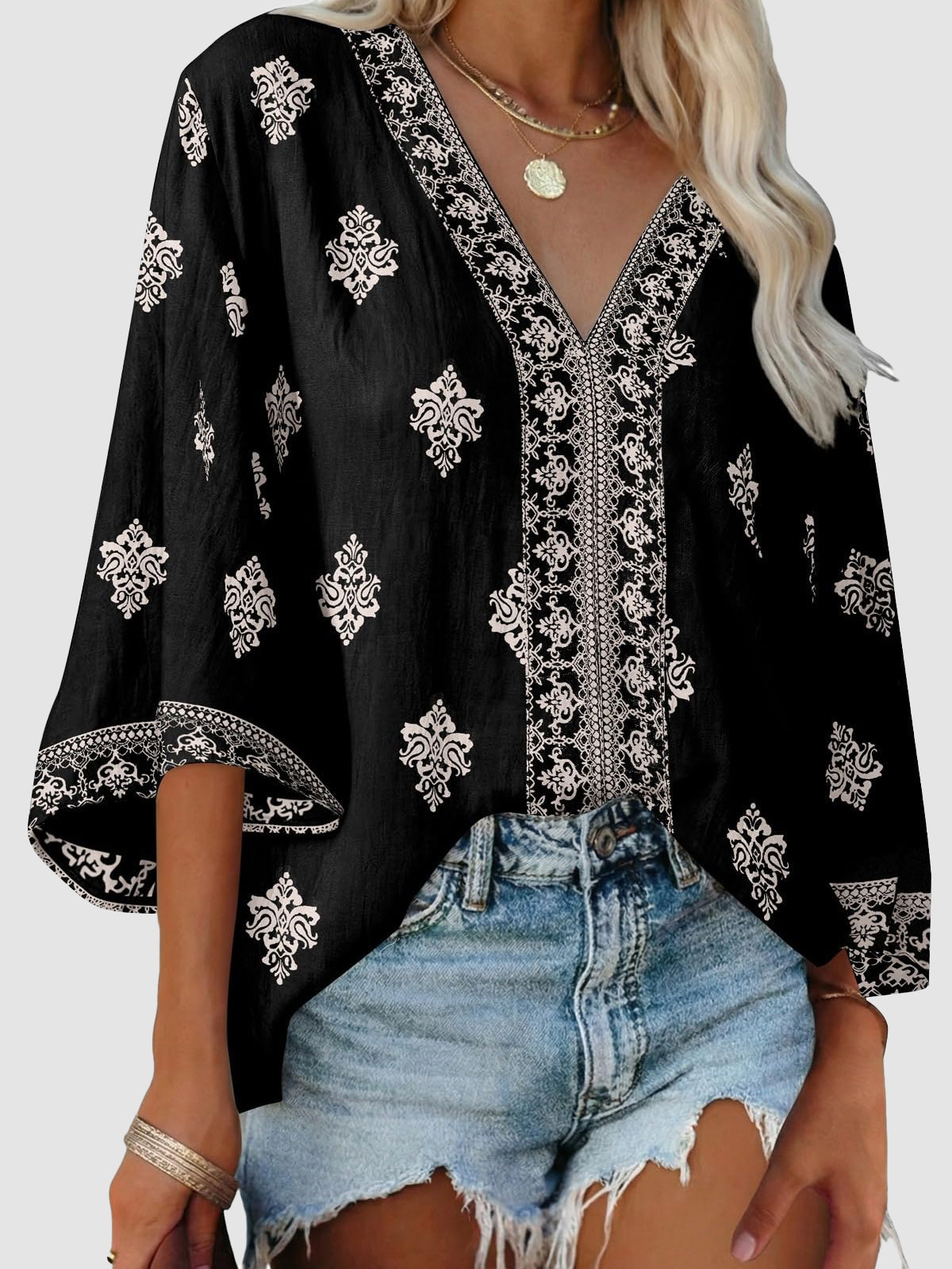 Women's Boho Embroidered V-Neck 3/4 Sleeve Blouse-S.fashion