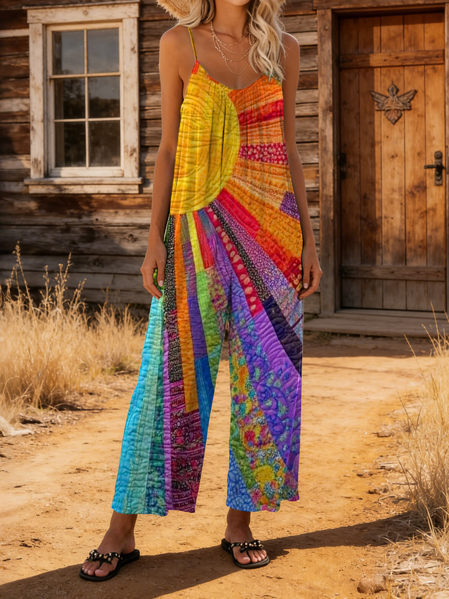 Women's Colorful Sun Art Print Casual Suspender Cotton Jumpsuit-S.fashion