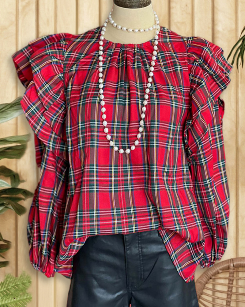 Plaid Pretty Ruffle Shoulder Lantern Sleeve Blouse-S.fashion