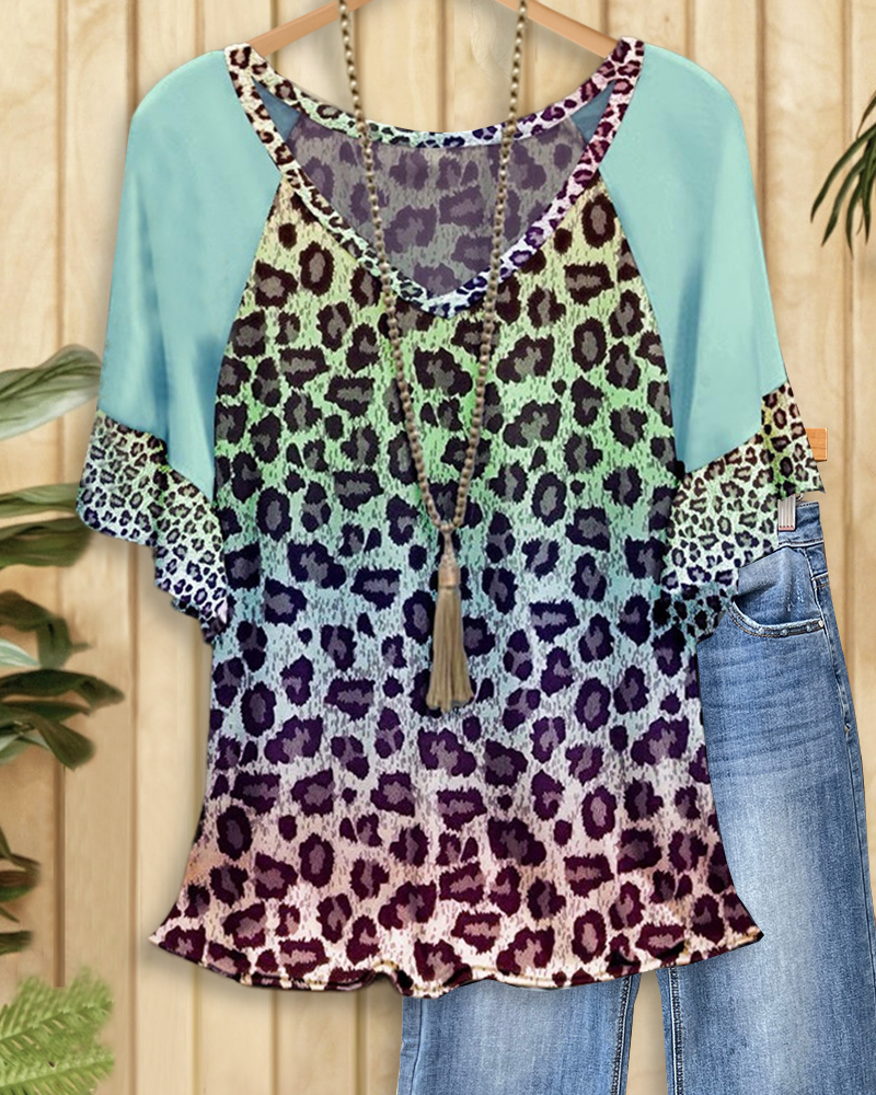 Patchwork Gradient Leopard Print Modern Raglan Sleeve T-Shirt-S.fashion