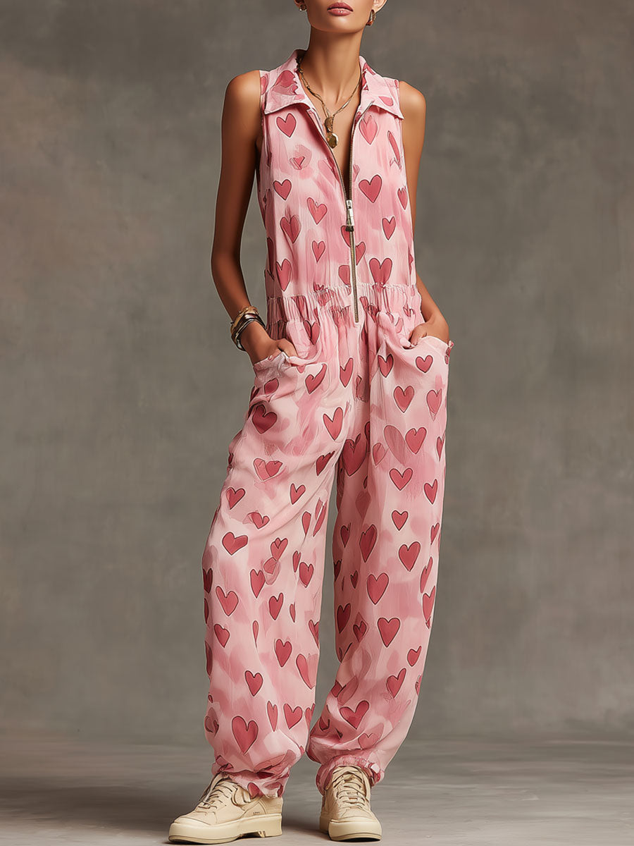 Retro Pink Heart Chiffon Sleeveless Wide-Leg Jumpsuit-S.fashion