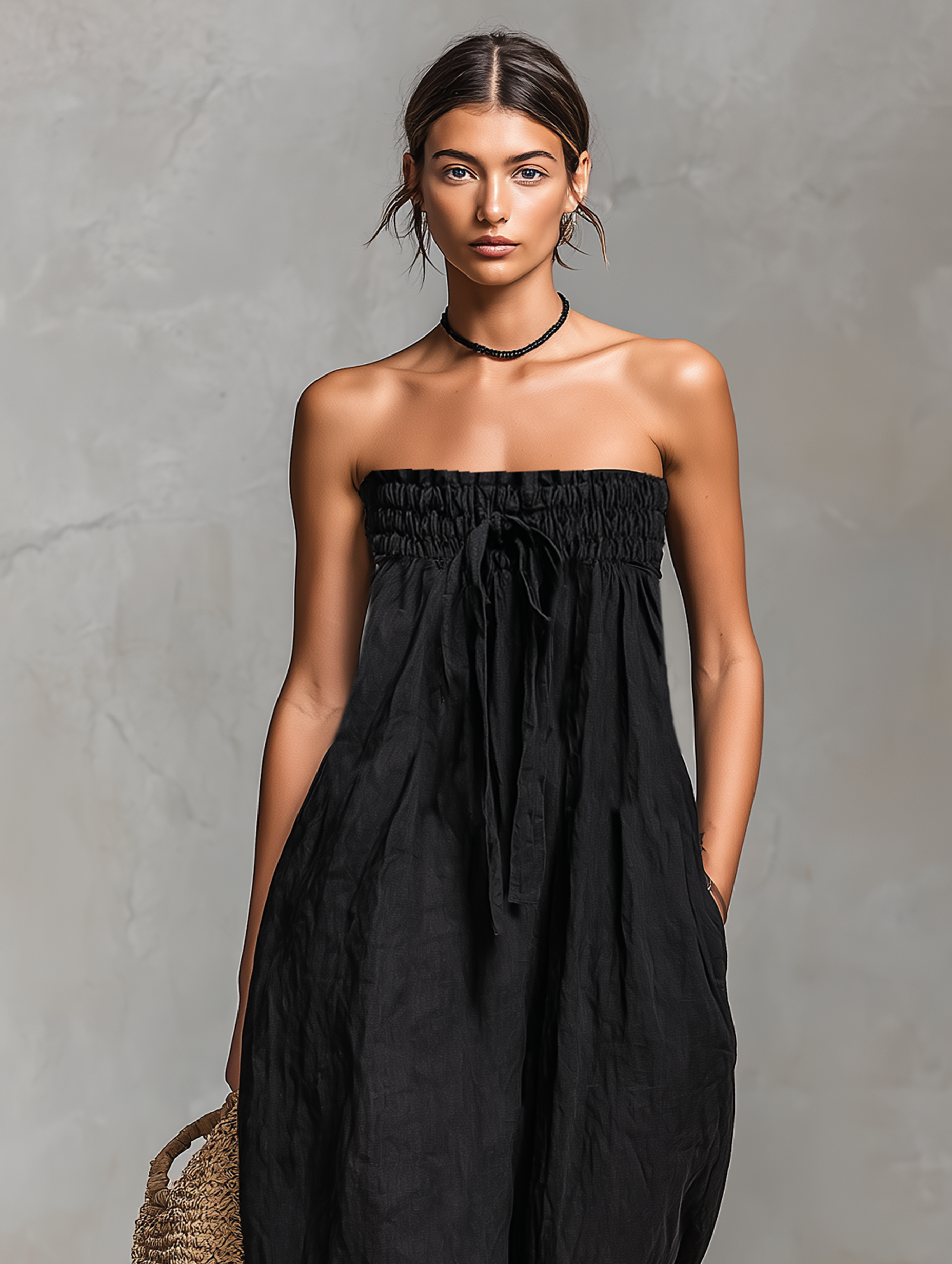 Women's Minimalist Loose-fitting Linen Blend Strapless Jumpsuit With Tie Closure MDZ2024A9Y-S.fashion