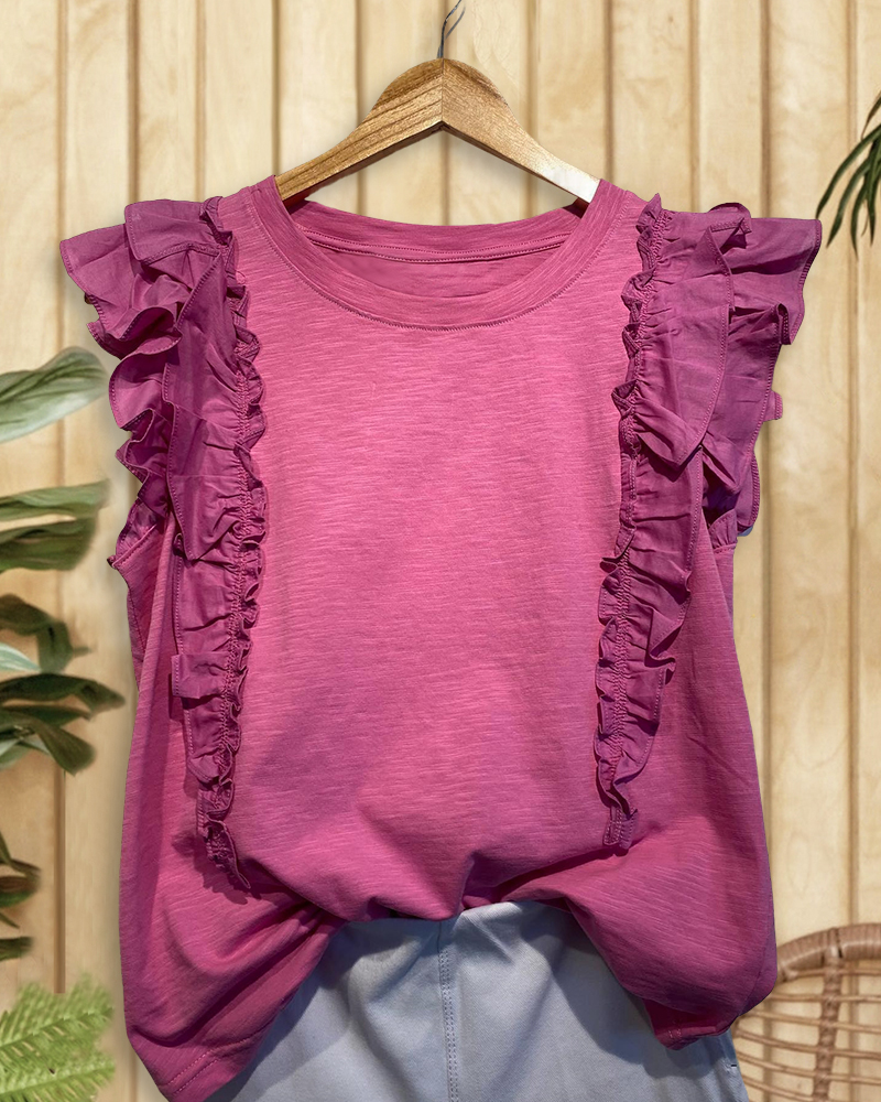 Solid Color Rocking Ruffles Patchwork T-Shirt-S.fashion