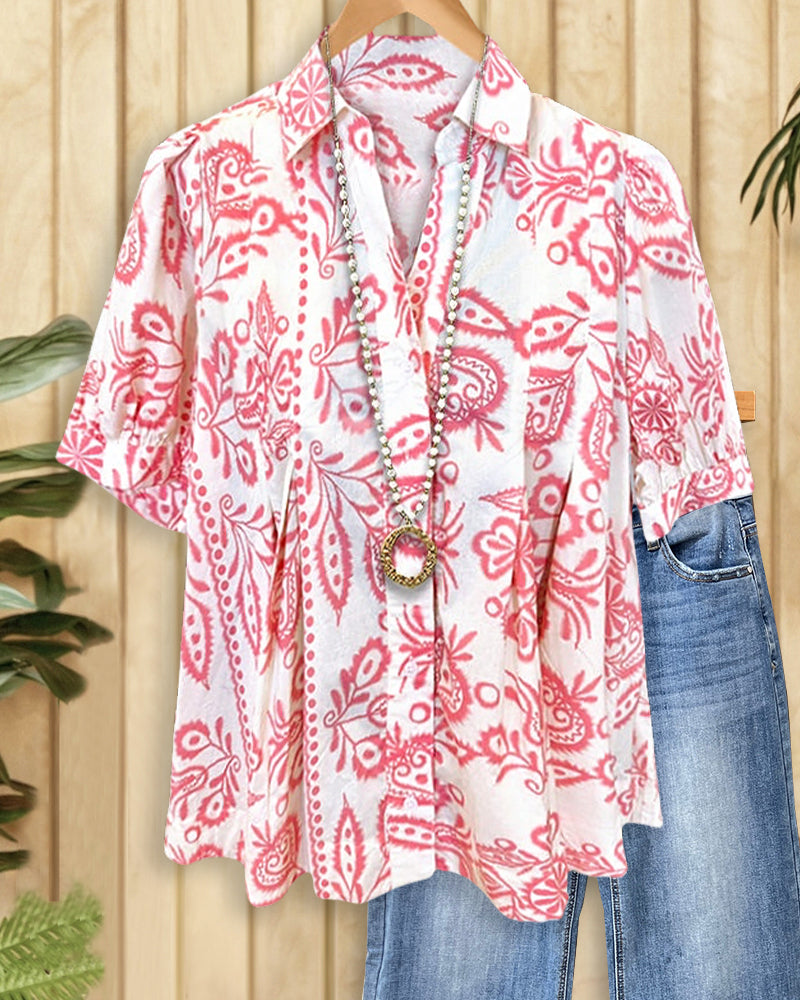 Floral Print Ethnic V Neck Button Front Shirt-S.fashion