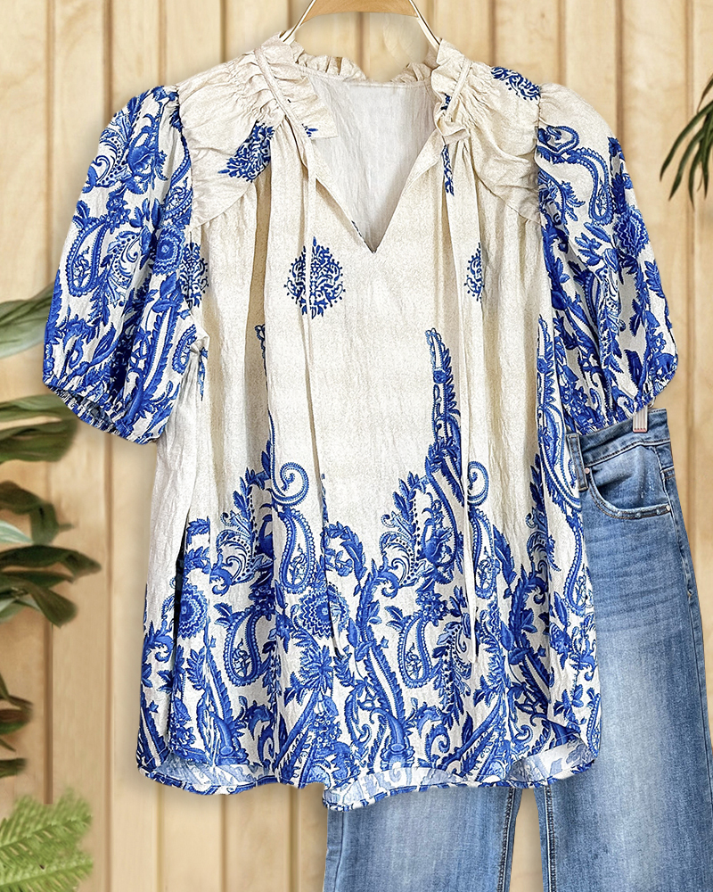 Paisley Bohemia Tie Neck Puff Sleeve T-Shirt-S.fashion