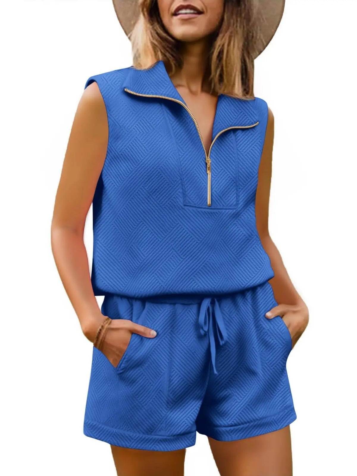 Womens 2 Piece Outfits  extured Quarter-Zip Sleeveless Tops with Shorts-S.fashion