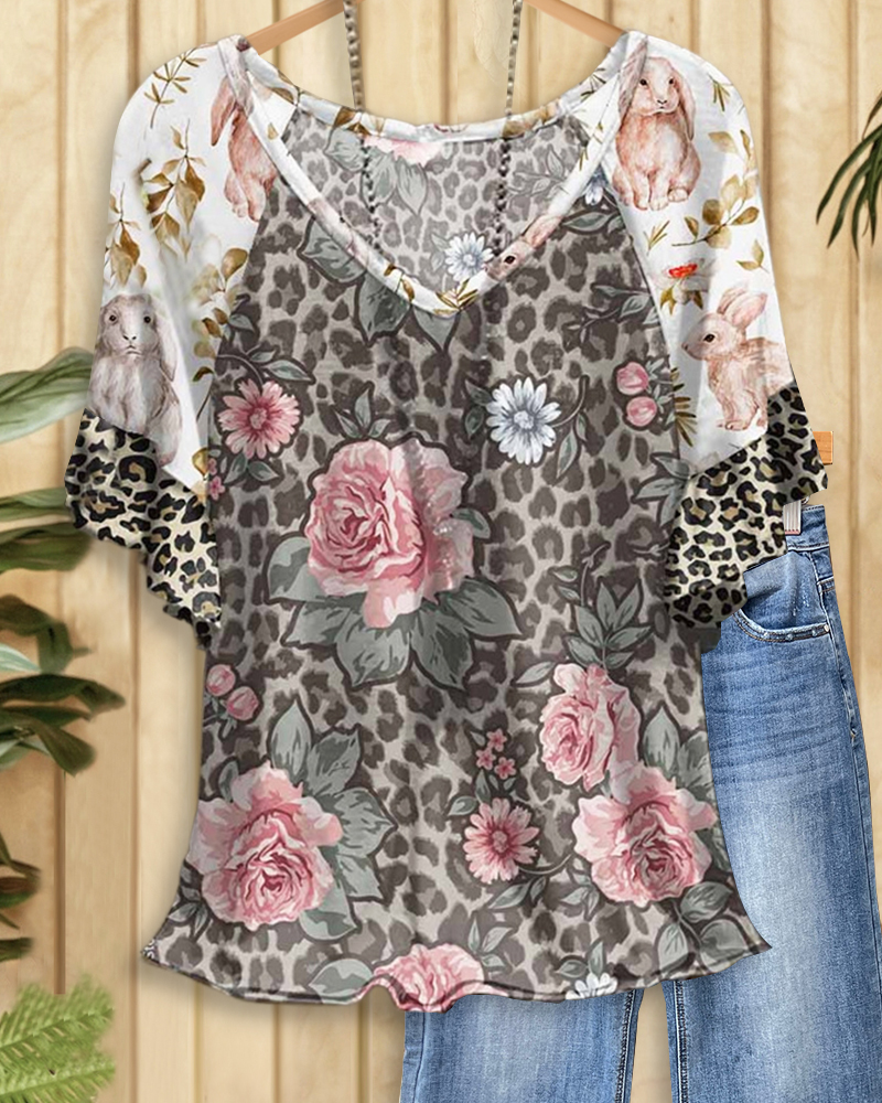 Polka Dot & Floral Print Pastoral Raglan Sleeve T-Shirt-S.fashion
