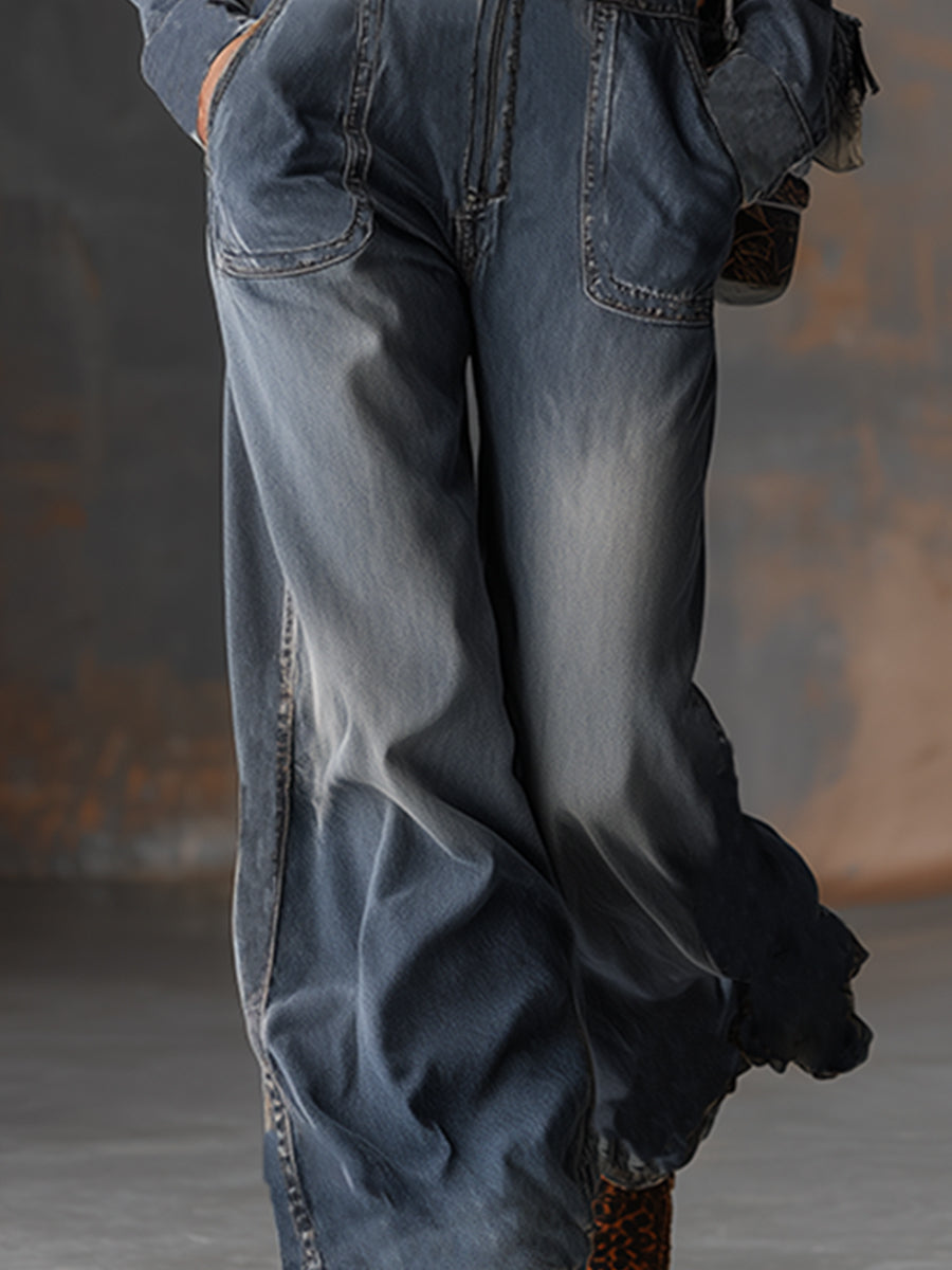 Retro Front Zipper Gray-blue Denim Hooded Jumpsuit-S.fashion